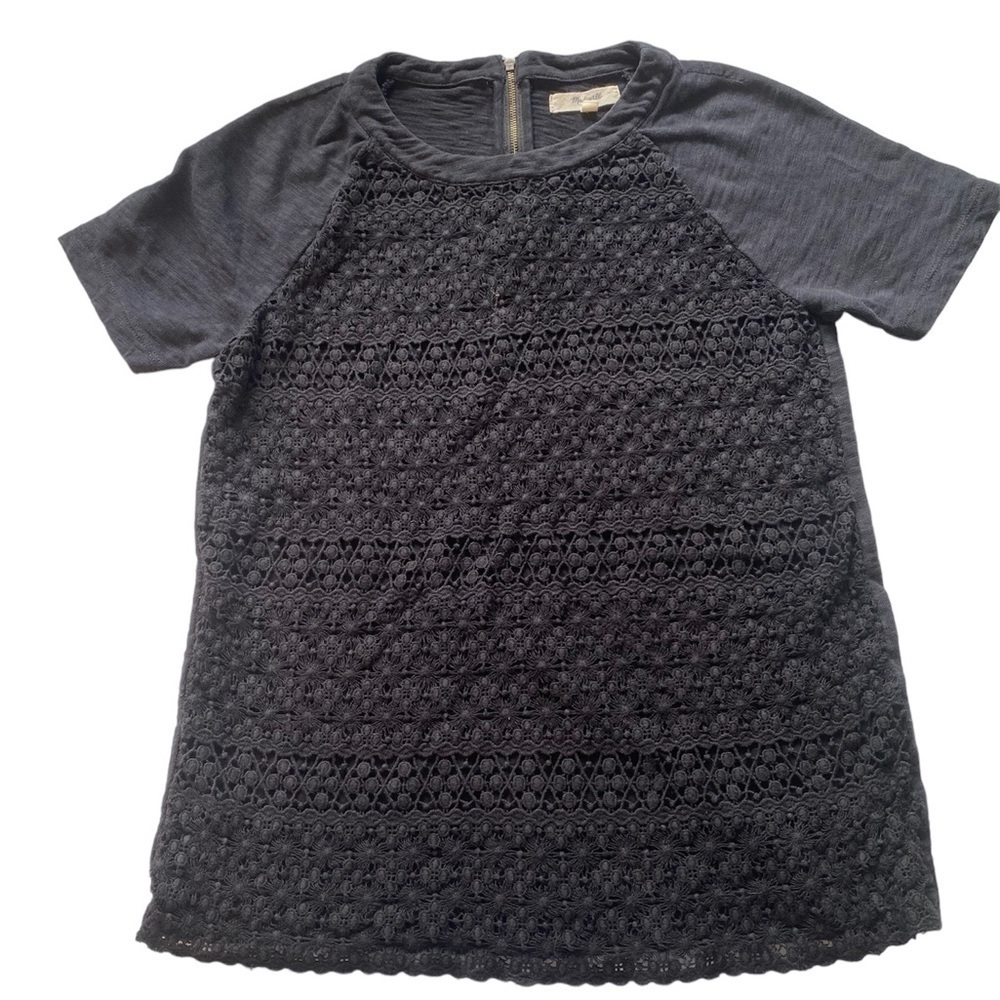 MADEWELL BLACK FLORAL LACE SHORT SLEEVE TOP SIZE XS